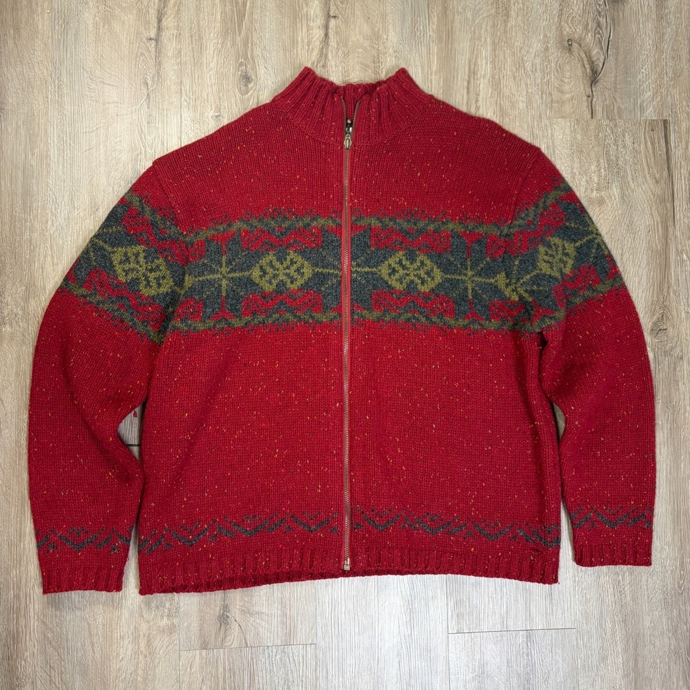 Croft & Barrow 100% Wool Sweater Full Zip Red Fair Isle Nordic Knit Mens XL